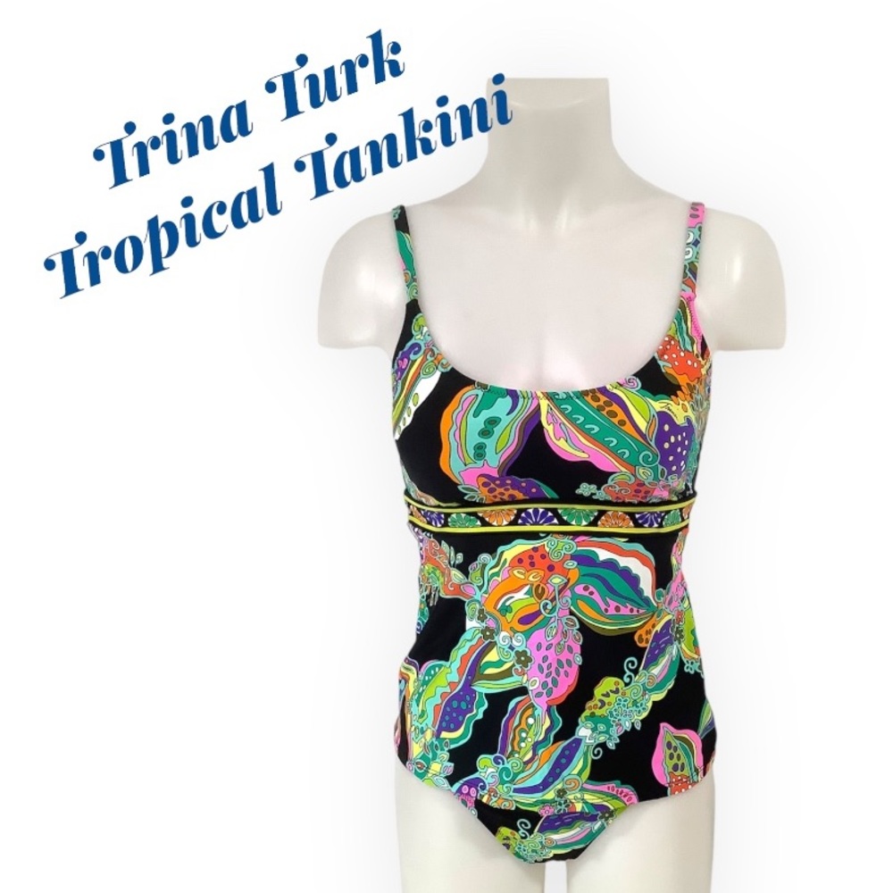 New Trina Turk Tropical Black, Green, Tankini Top And Bottom Swimsuit Set Size 8